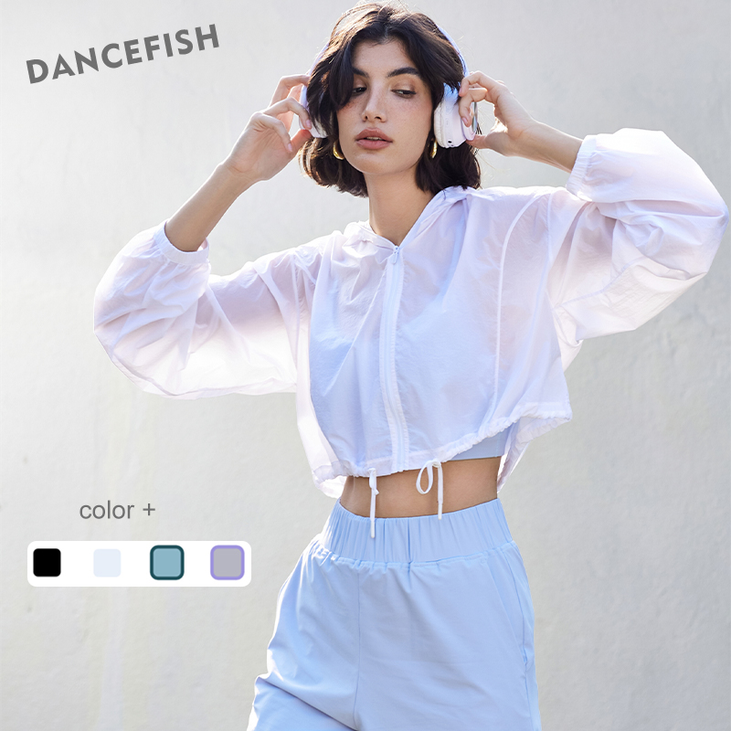 Outdoor Sport Jacket Women'S - Dancefish-女性用軽量長袖ヨガジャケット、ルーズフード付き巾着、薄いスポーツトップ、カジュアルアウトドア、夏、新品